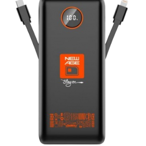 NewAge 22500mAh Powerbank with dual in-built cables and LED display for charging multiple devices.
